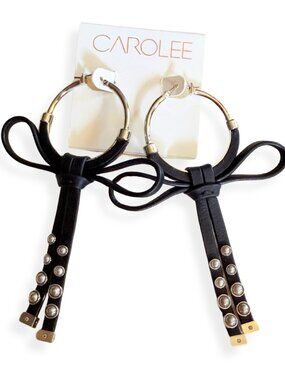Carolee Leather Bow Earrings NWT Black Studded Statement Boho Chic